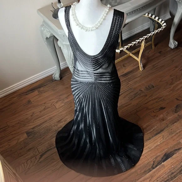 Alberto Makali Black Mesh, Ribbon and Crystal Studded Gown - Picture 2 of 13